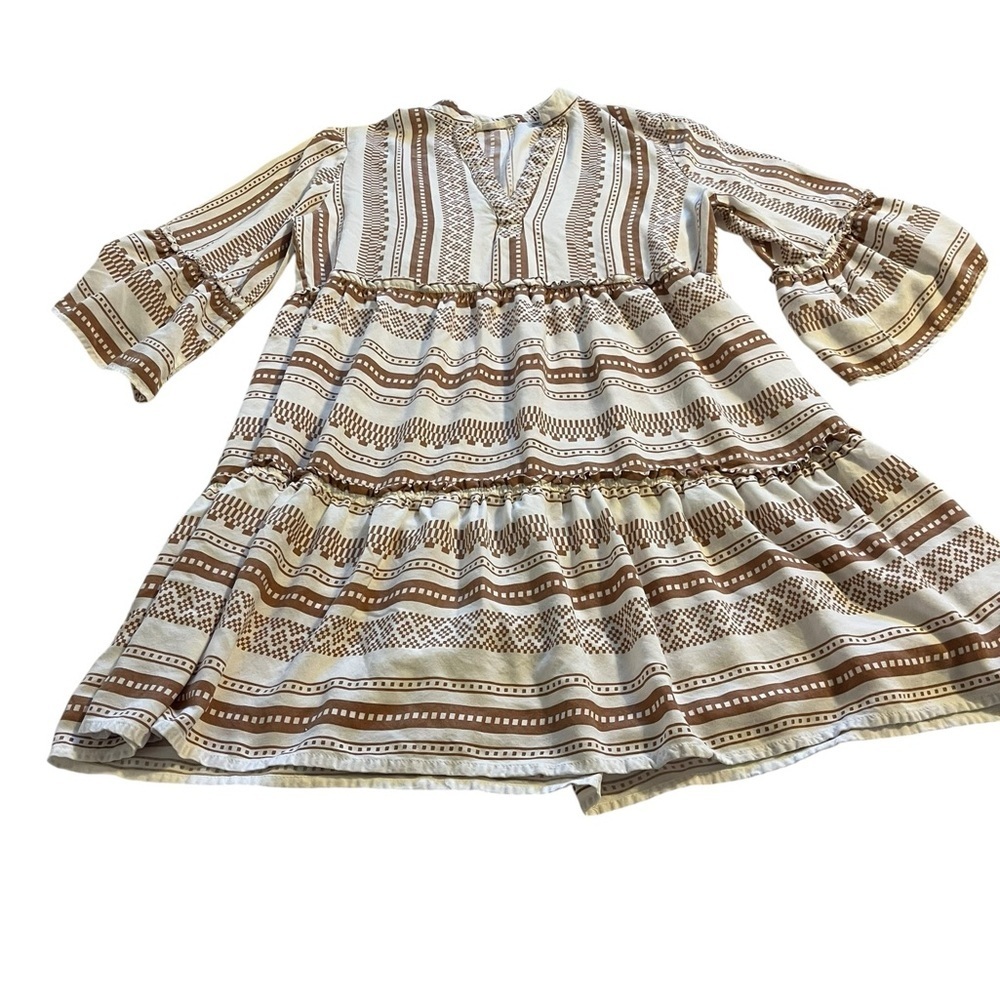 Salty Lemon Boho Tiered Mini Dress Bell Sleeve Babydoll Geometric Stripe Small - Picture 2 of 8